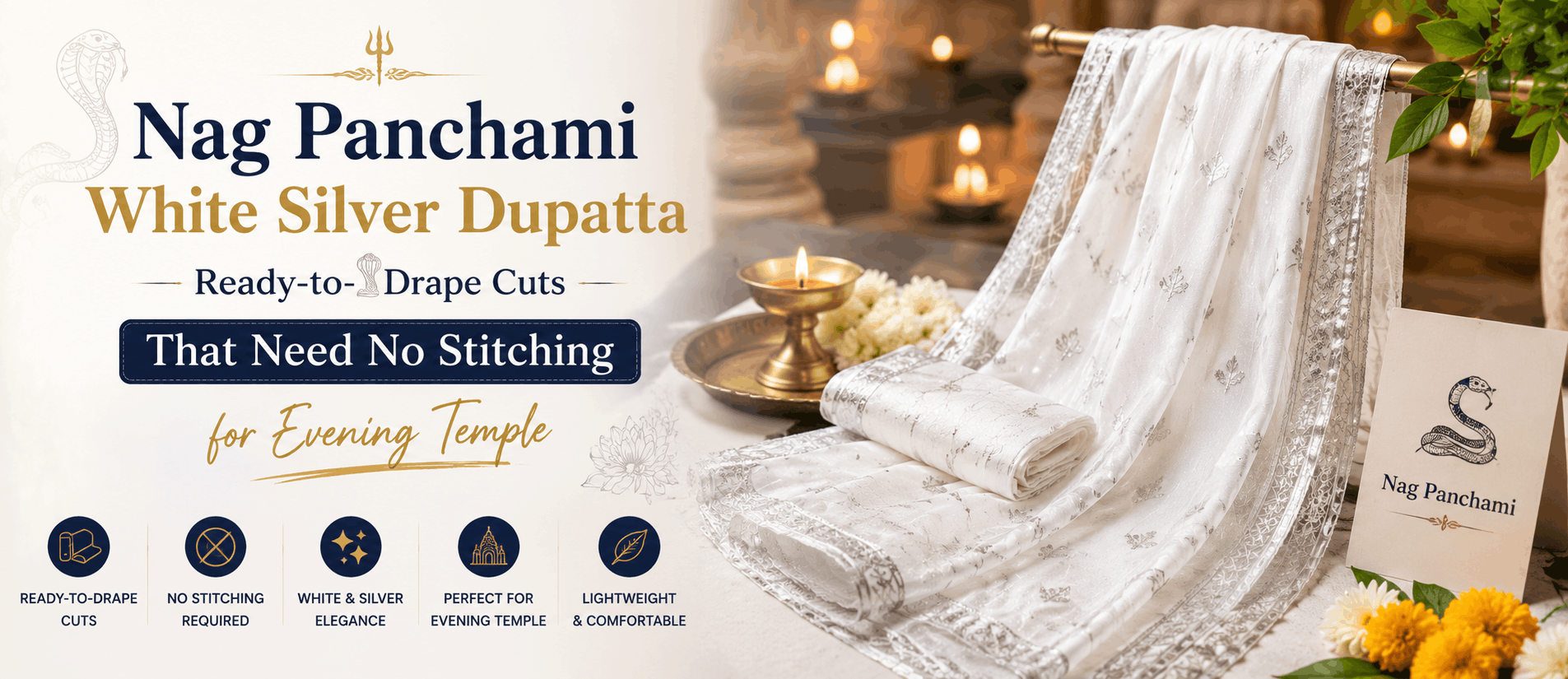 Nag Panchami White Silver Dupatta Ready-to-Drape Cuts That Need No Stitching for Evening Temple