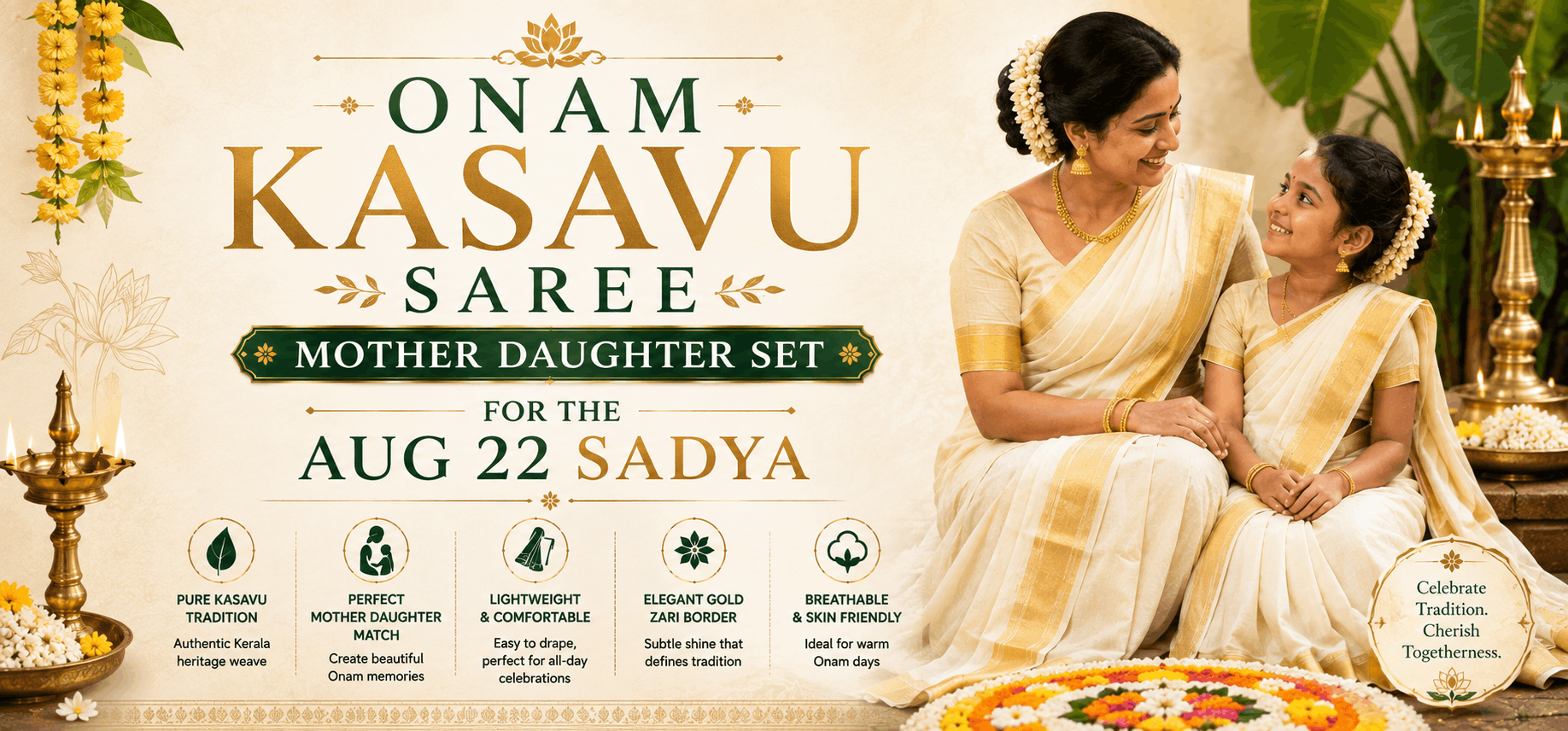 Onam Kasavu Saree Mother Daughter Set for the Aug 22 Sadya