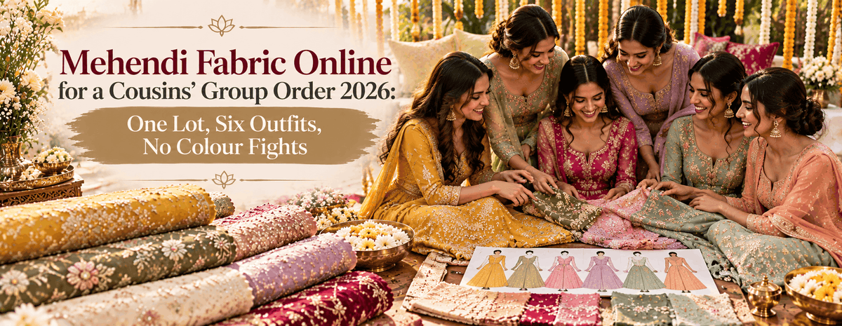 Mehendi Fabric Online for a Cousins' Group Order 2026: One Lot, Six Outfits, No Colour Fights