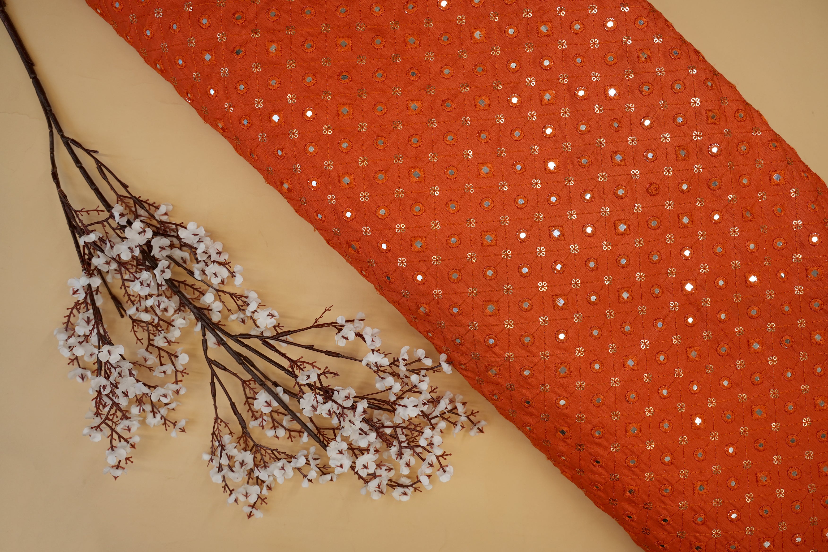 Orange Silk dupion with Thread, Sequins & Mirror Abstract Elegance- Paras Gallery Fabrics