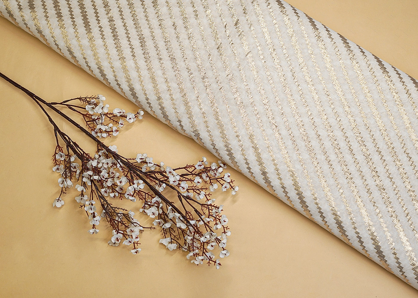 Radiance Chanderi Fabric with All-Over Zig-Zag Pattern of Golden Badla Zari Work