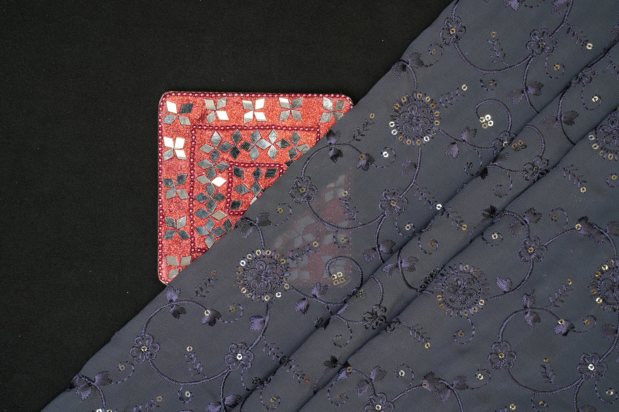 Dark Grey Georgette fabric with thread work with golden sequins creating floral overall pattern