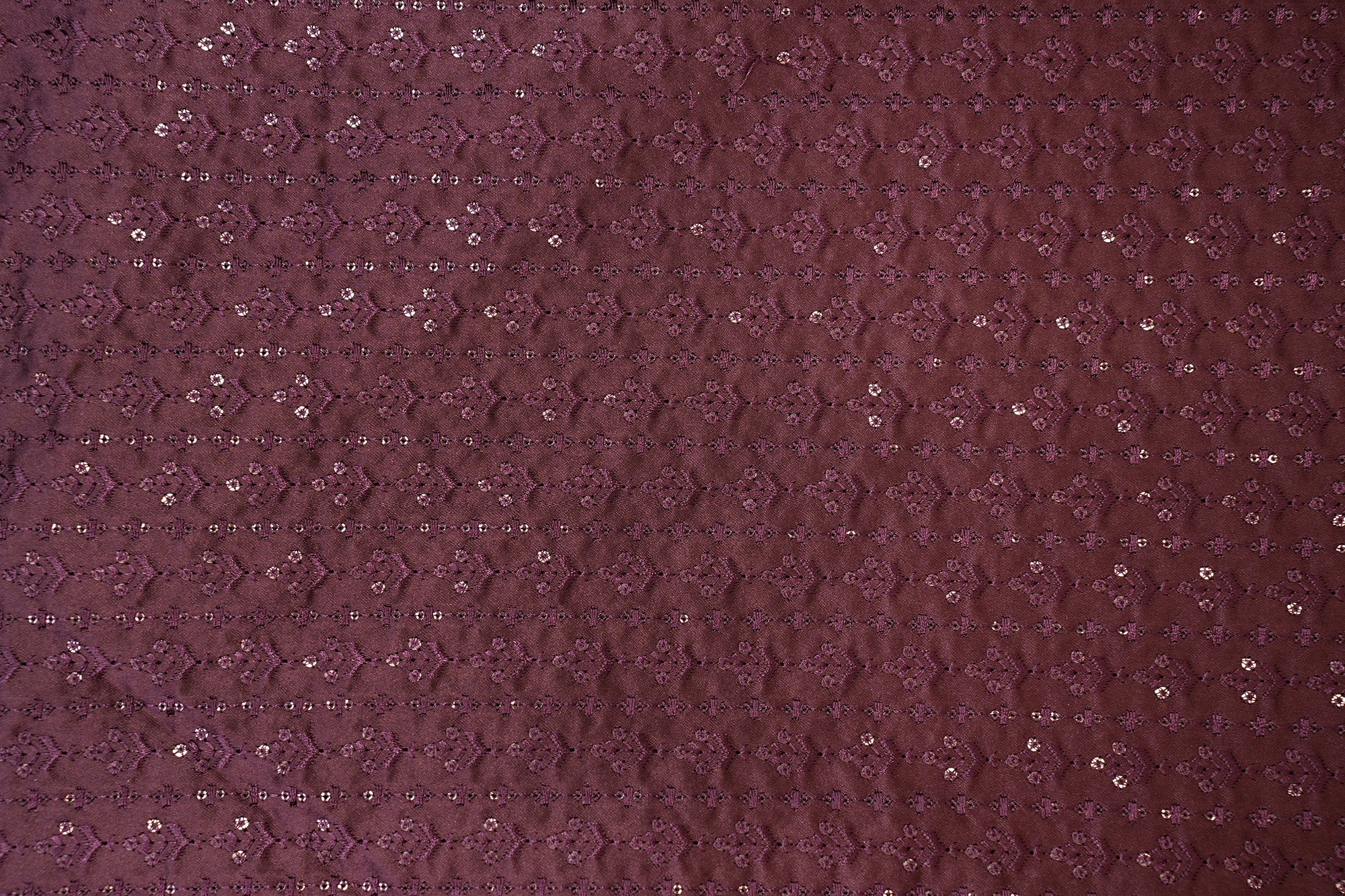 Wine Satin Silk with Geometric Threadwork and Glitter Sequins