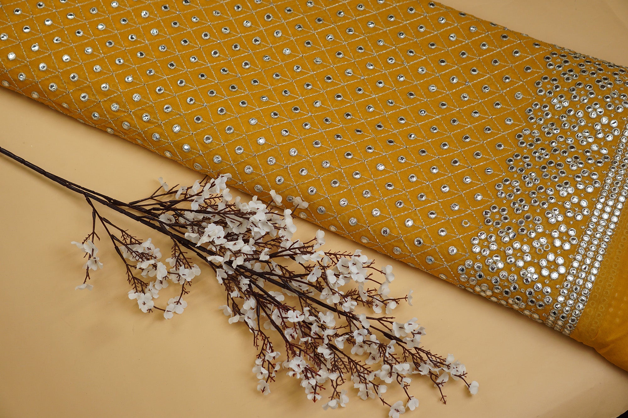 Yellow Georgette with White Threadwork & Faux Mirror Geometric Patterns- Paras Gallery Fabrics
