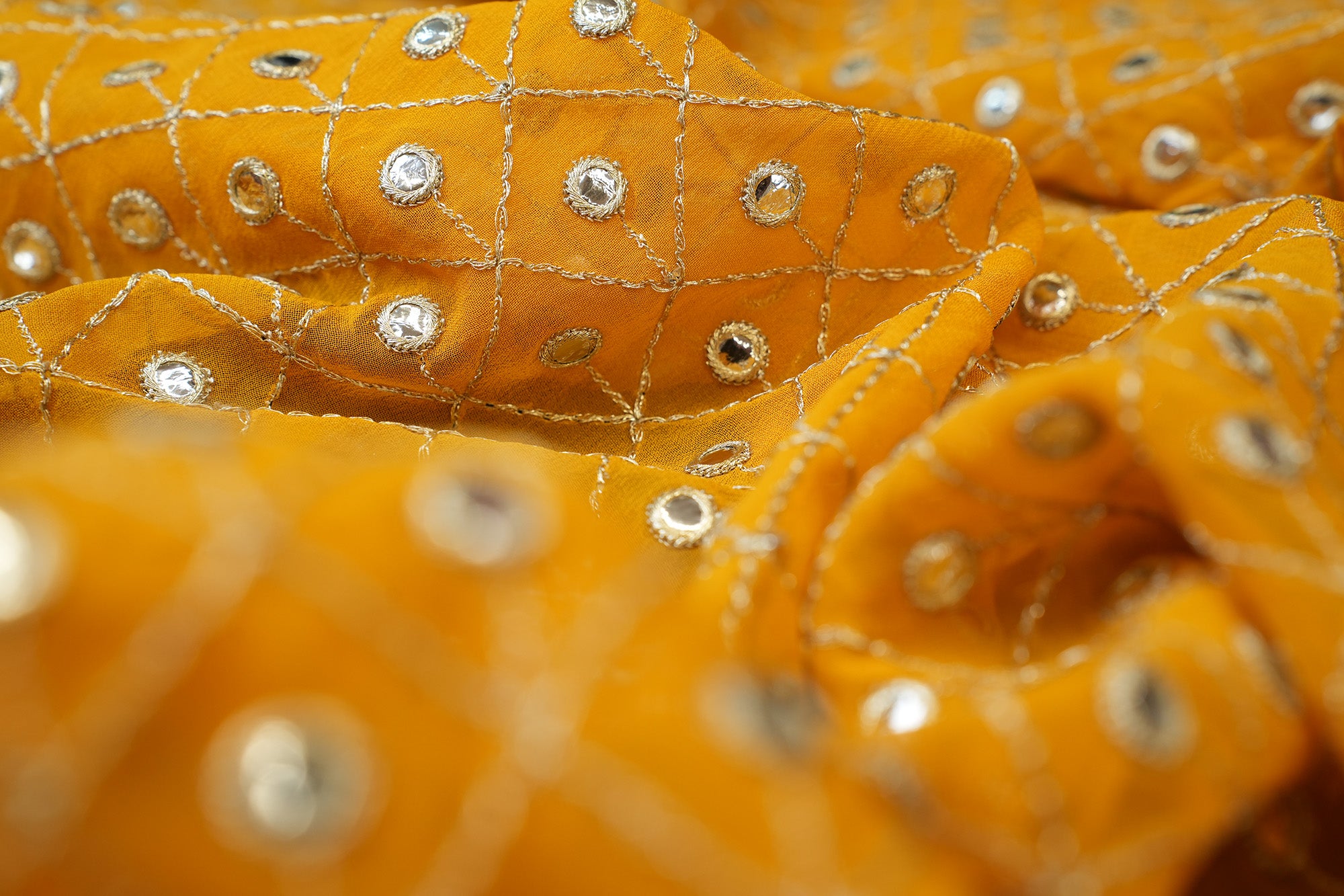 Yellow Georgette with White Threadwork & Faux Mirror Geometric Patterns