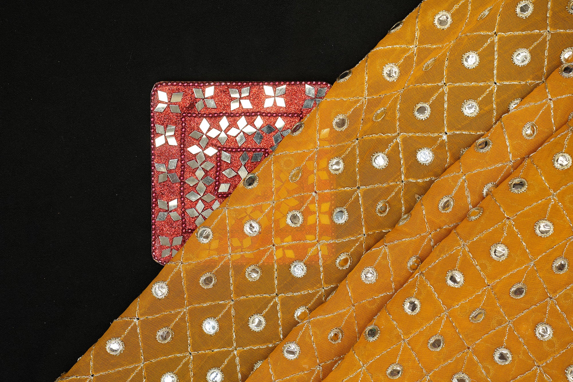 Yellow Georgette with White Threadwork & Faux Mirror Geometric Patterns