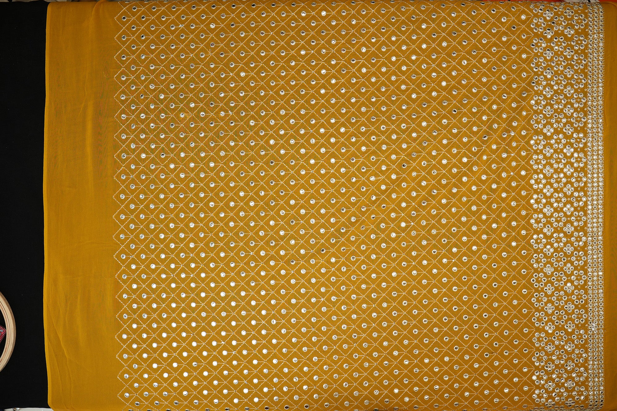 Yellow Georgette with White Threadwork & Faux Mirror Geometric Patterns