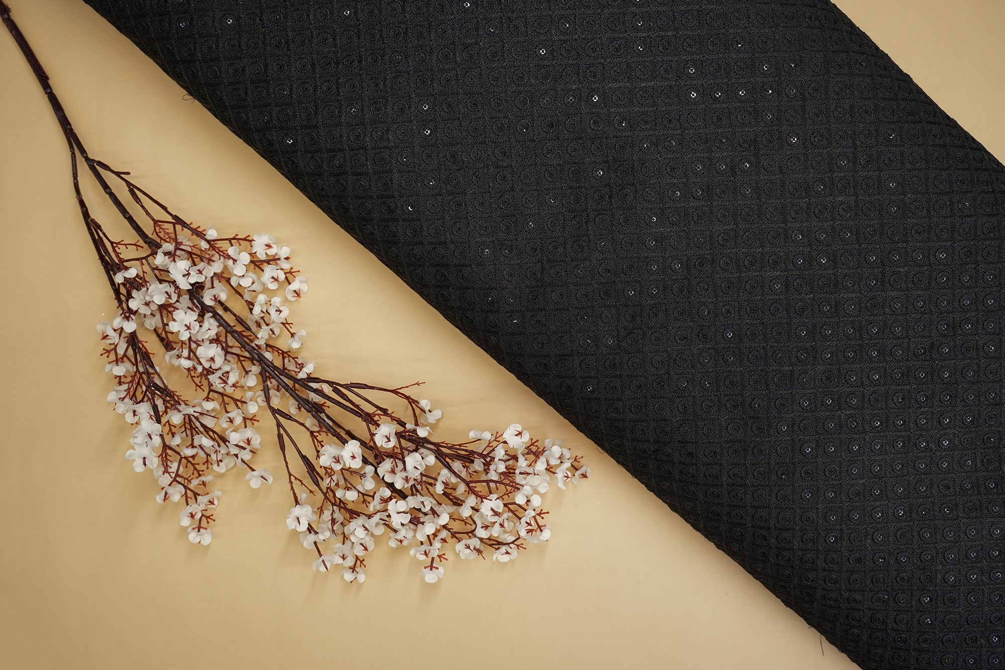 Black Silk dupion with Thread Work & Sequins Geometric Pattern- Paras Gallery Fabrics