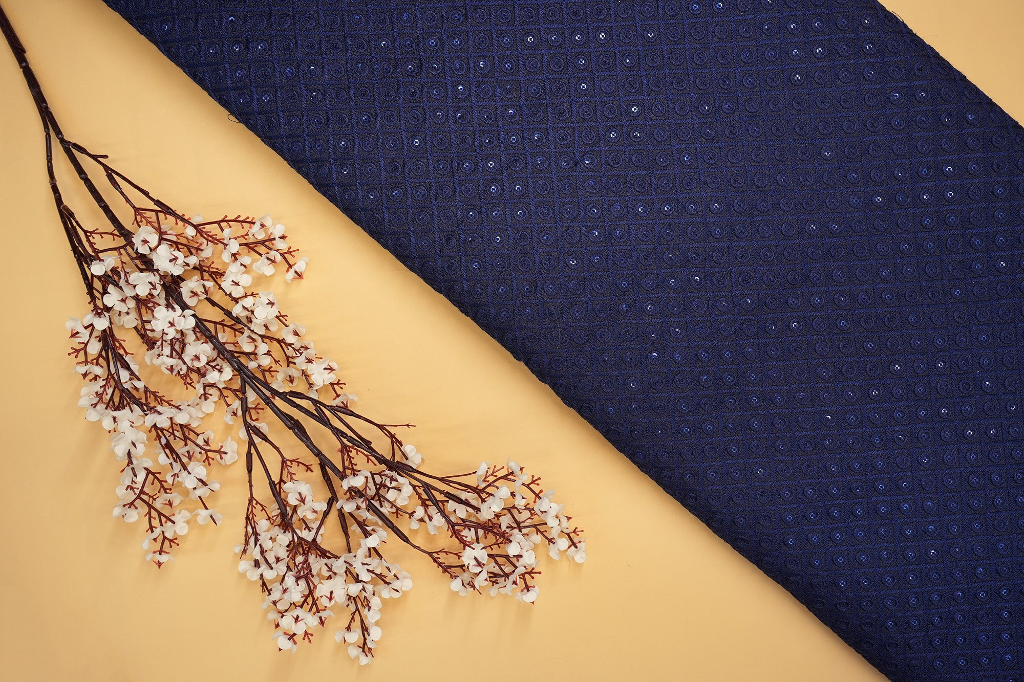 Navy Blue Silk dupion with Thread Work & Sequins Geometric Pattern- Paras Gallery Fabrics