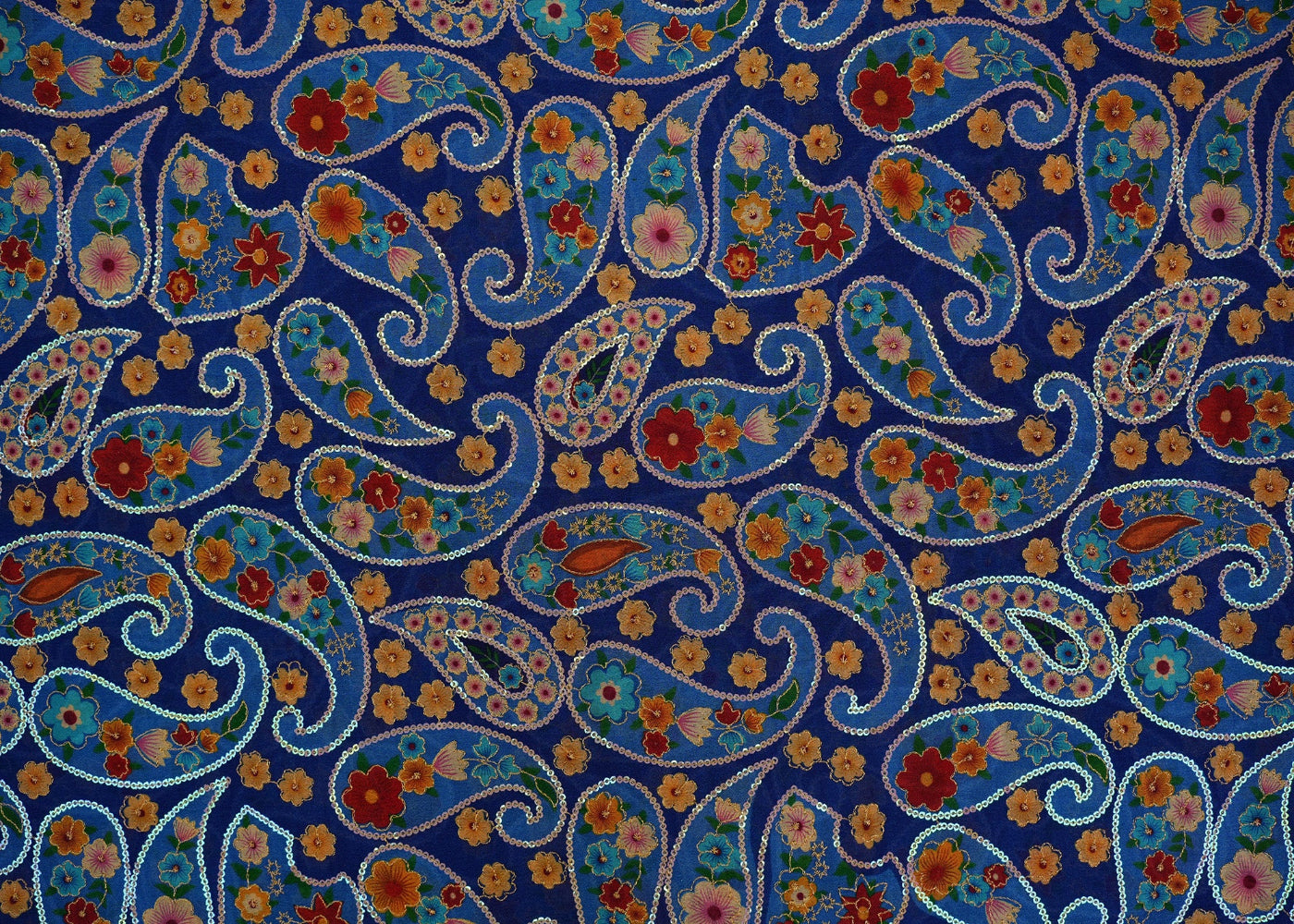 Blue Paisley Chiffon with Rainbow Sequins & Zari Embroidery