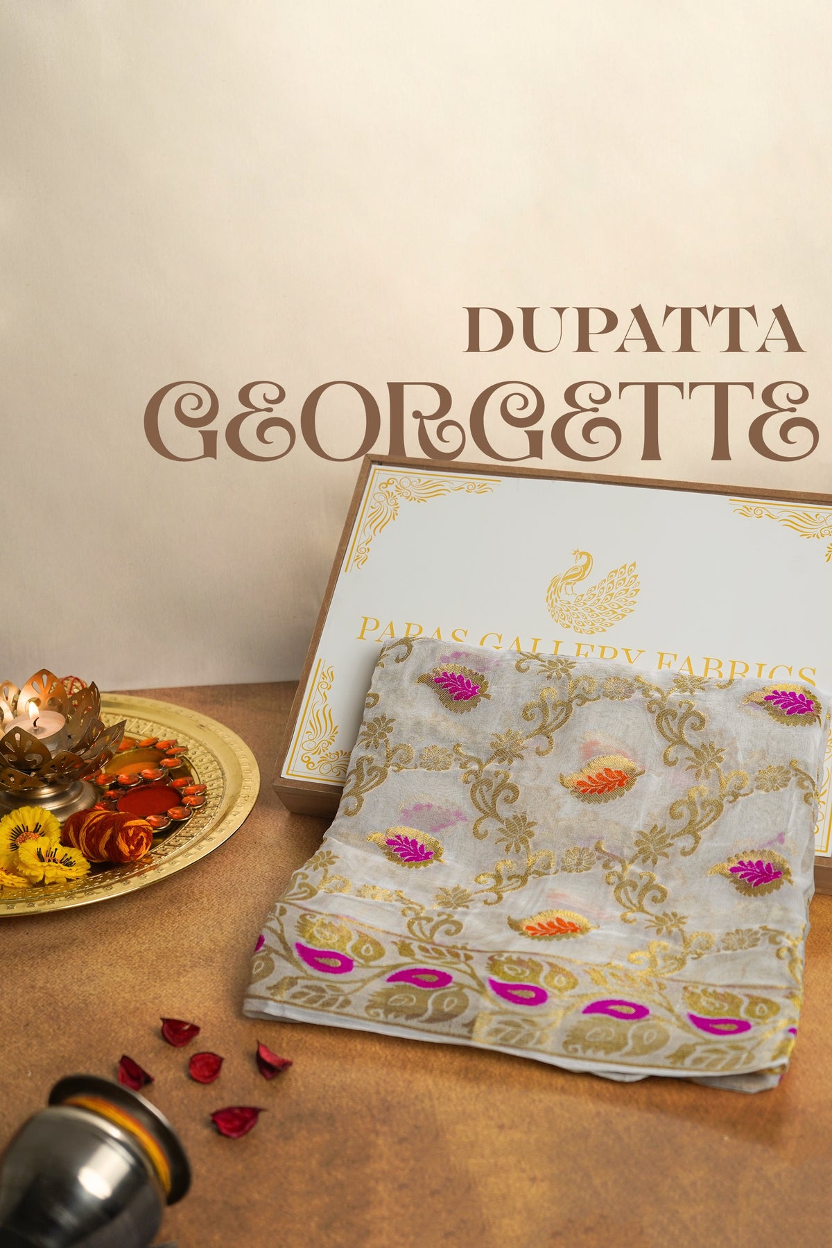 White Dyeable Georgette Dupatta With All Over Thread And Zari Handloom 079-2