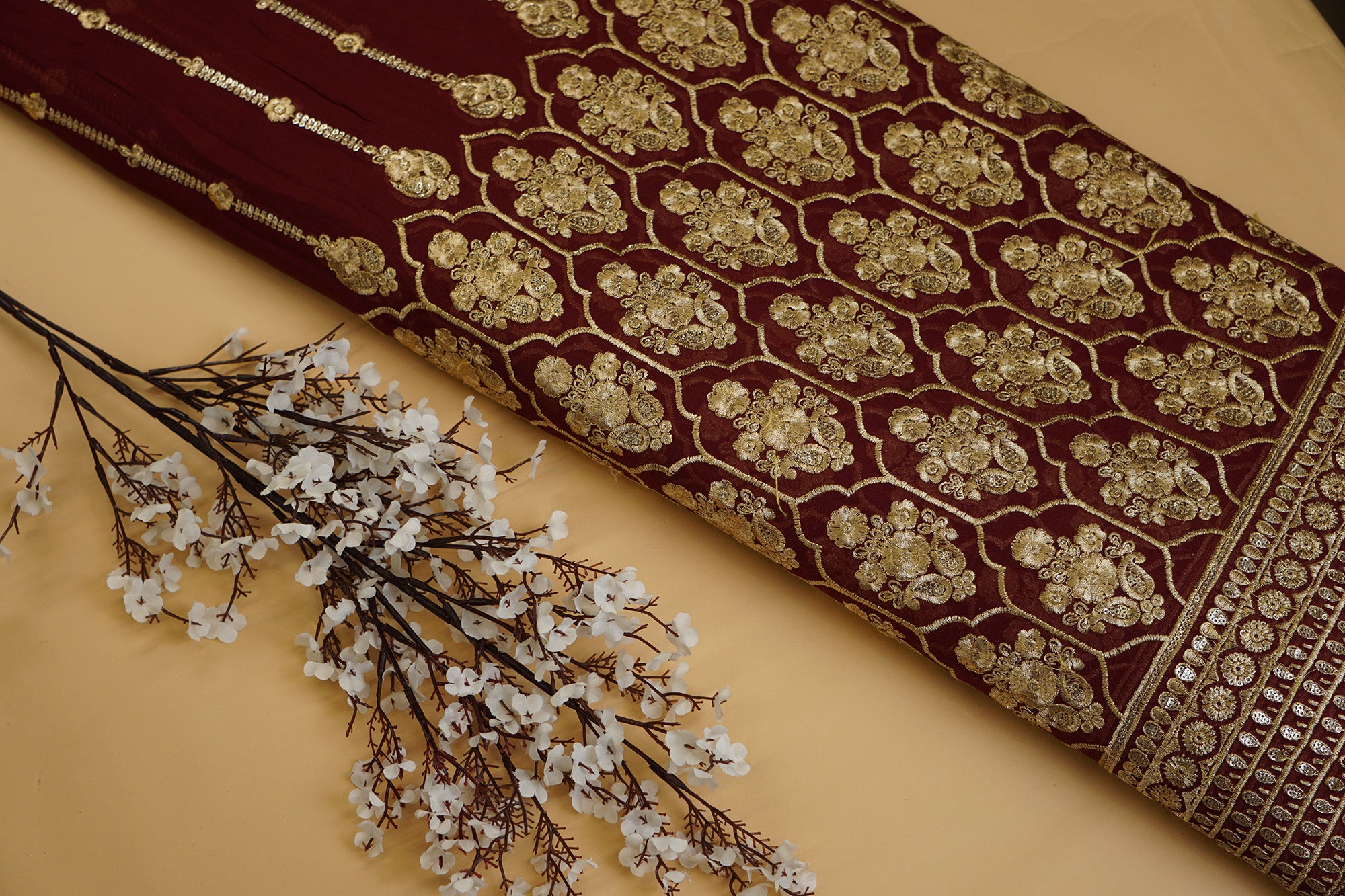 Maroon Georgette Opulent Golden Zari & Sequins Floral Embroidery- Paras gallery Fabics
