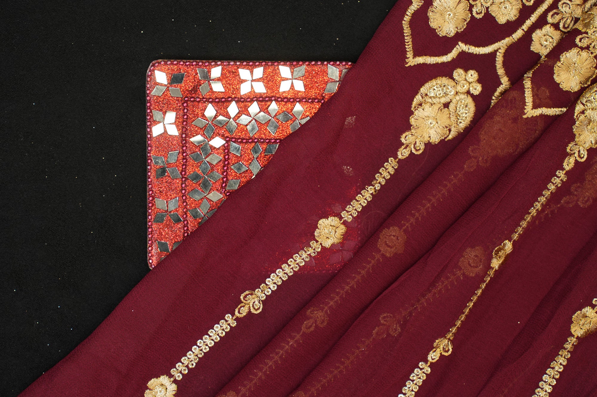 Maroon Georgette Opulent Golden Zari & Sequins Floral Embroidery