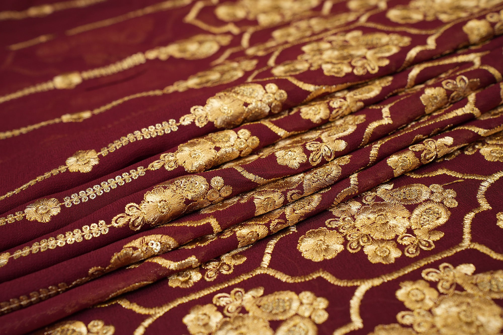 Maroon Georgette Opulent Golden Zari & Sequins Floral Embroidery