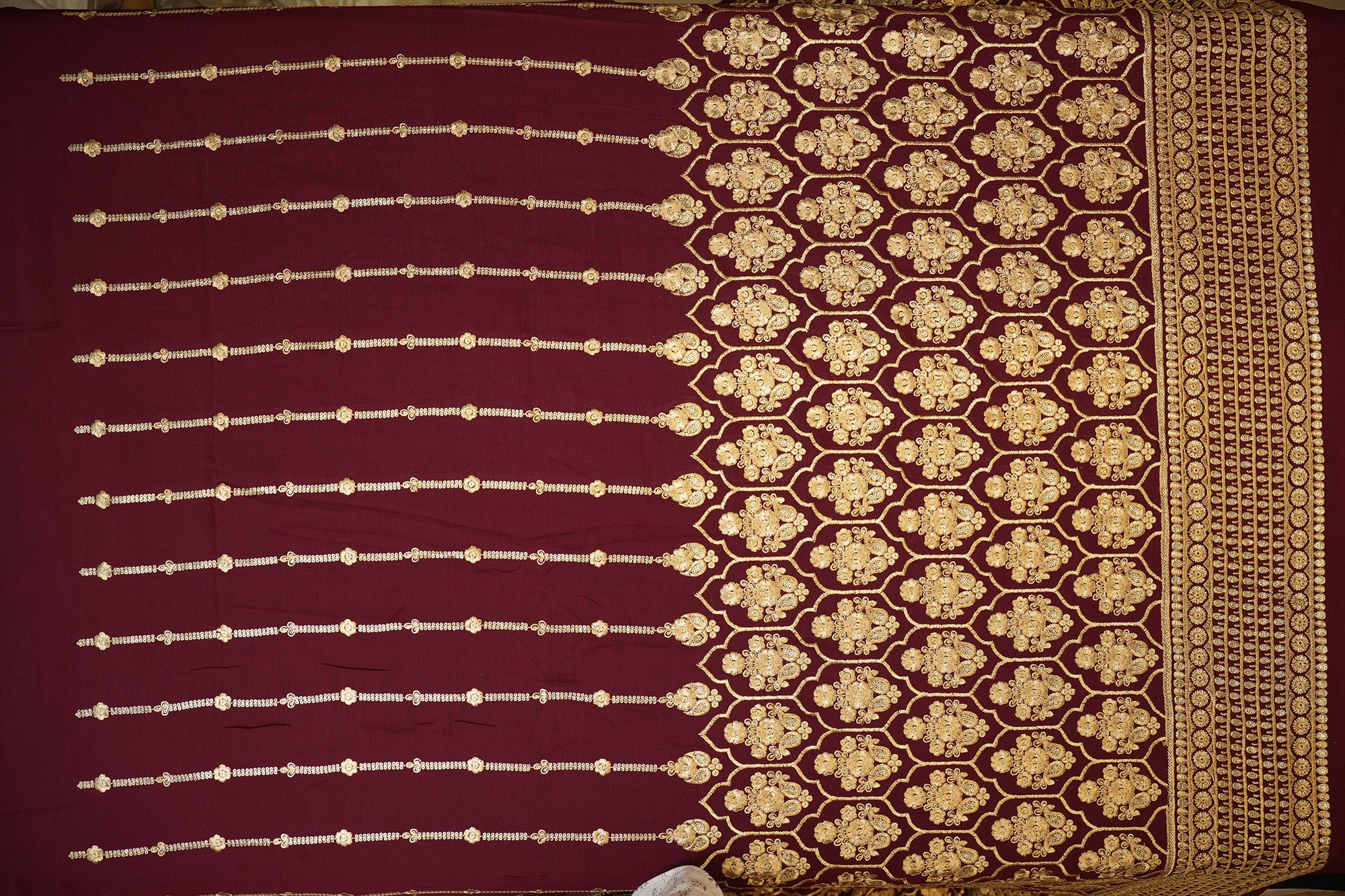 Maroon Georgette Opulent Golden Zari & Sequins Floral Embroidery