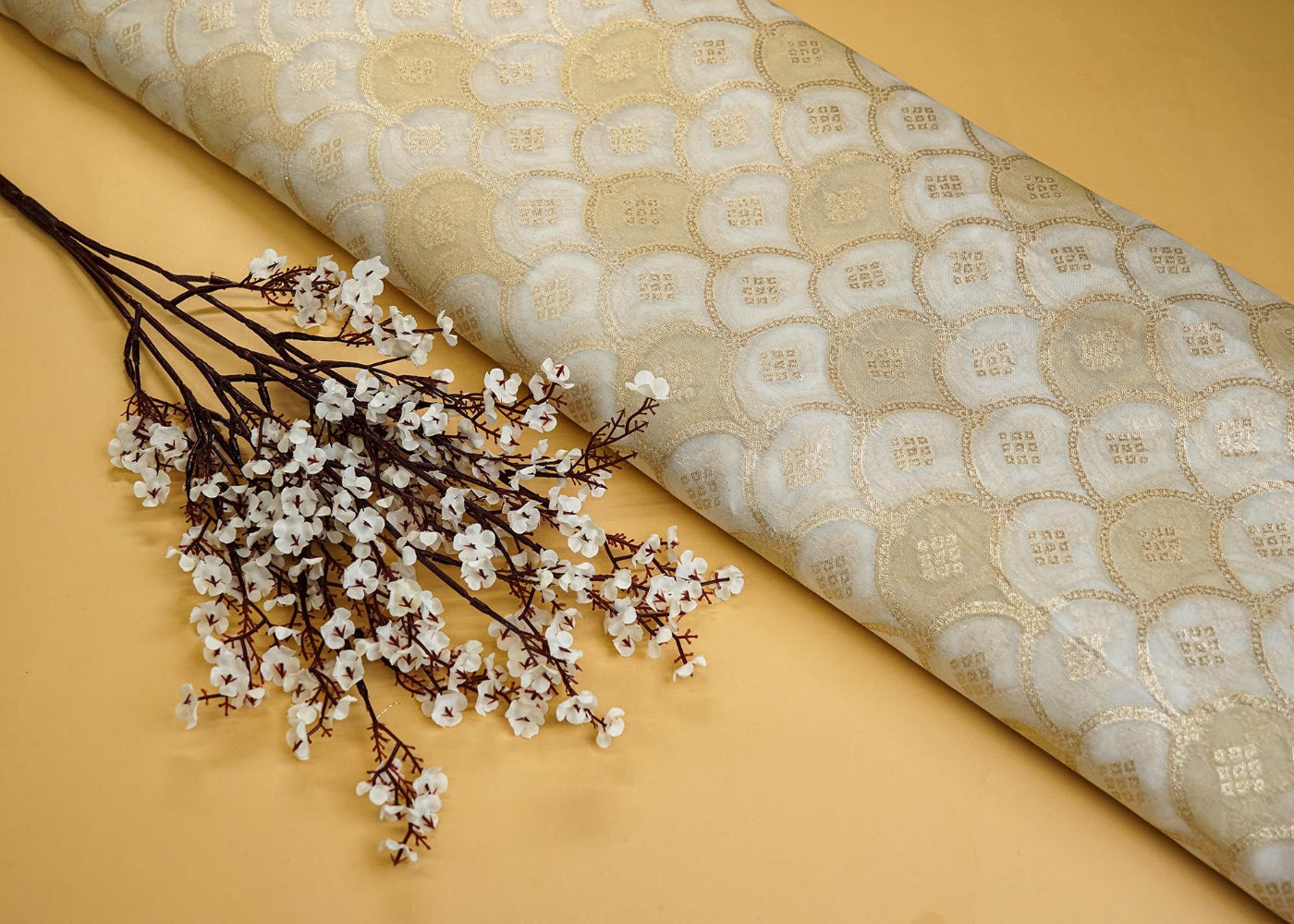 Golden Tissue Fabric With Intricated Banarasi work - Paras Gallery Fabrics