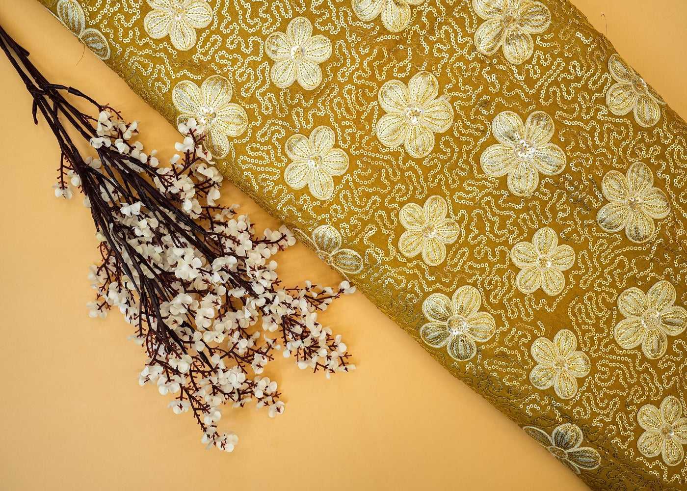 Mustard Floral Tissue with Sequins, Gota Patti, and Threadwork Embroidery - Paras Gallery Fabrics