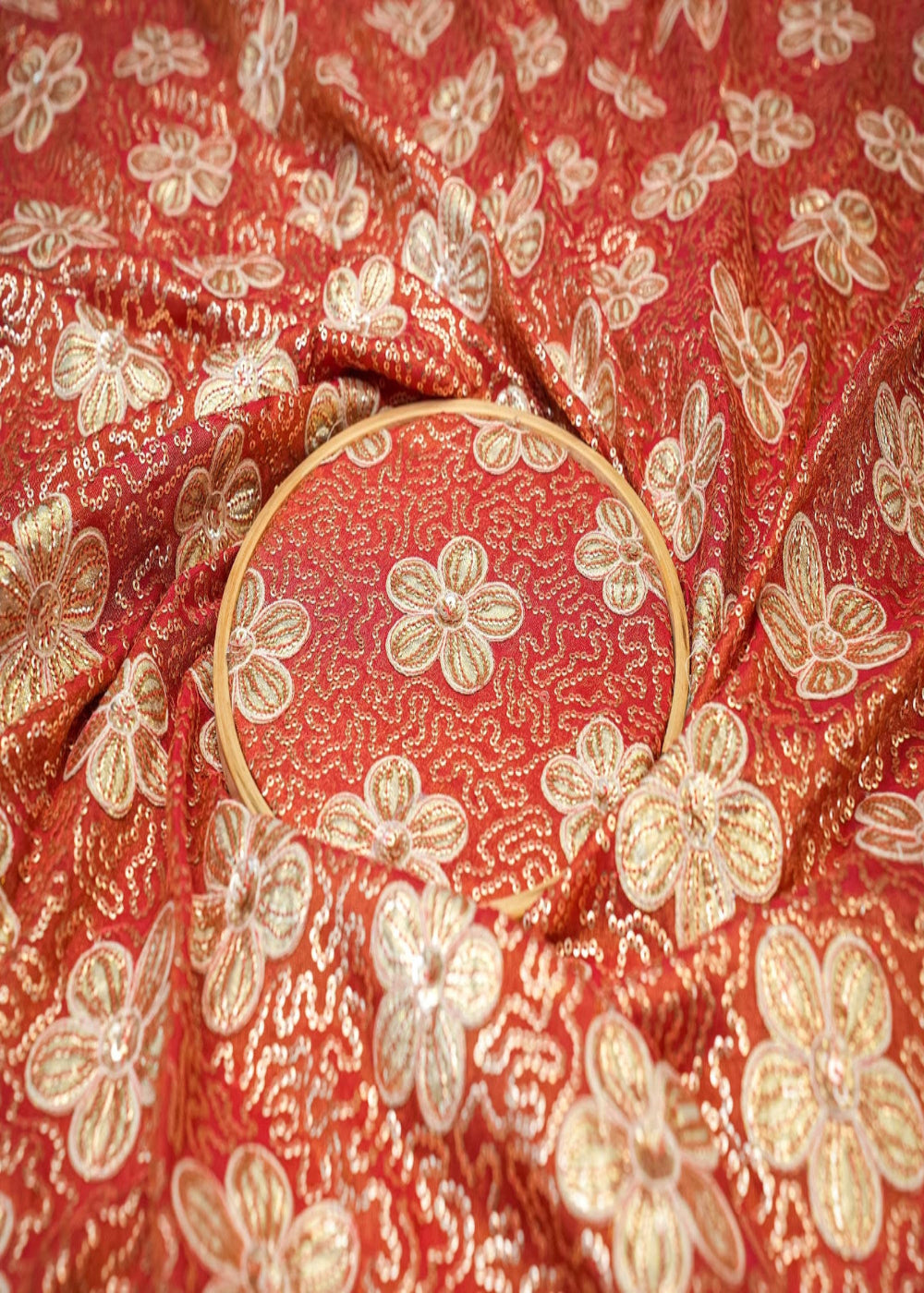 Red-Floral-Tissue-with-Sequins,-Gota-Patti,-and-Threadwork-Embroidery-10068-close-view