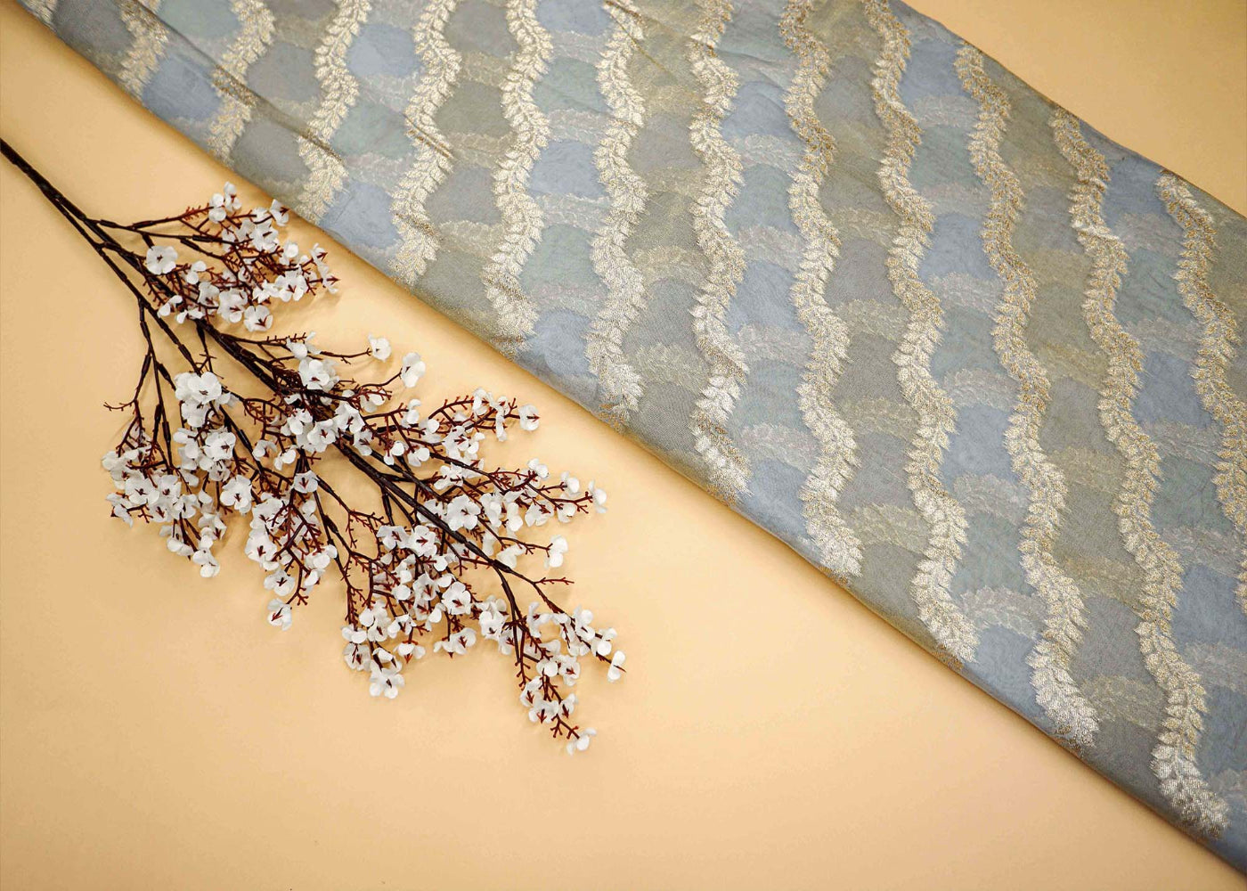 Grey Embroidered Tissue with Exquisite Banarasi Detailing - Paras Gallery Fabrics