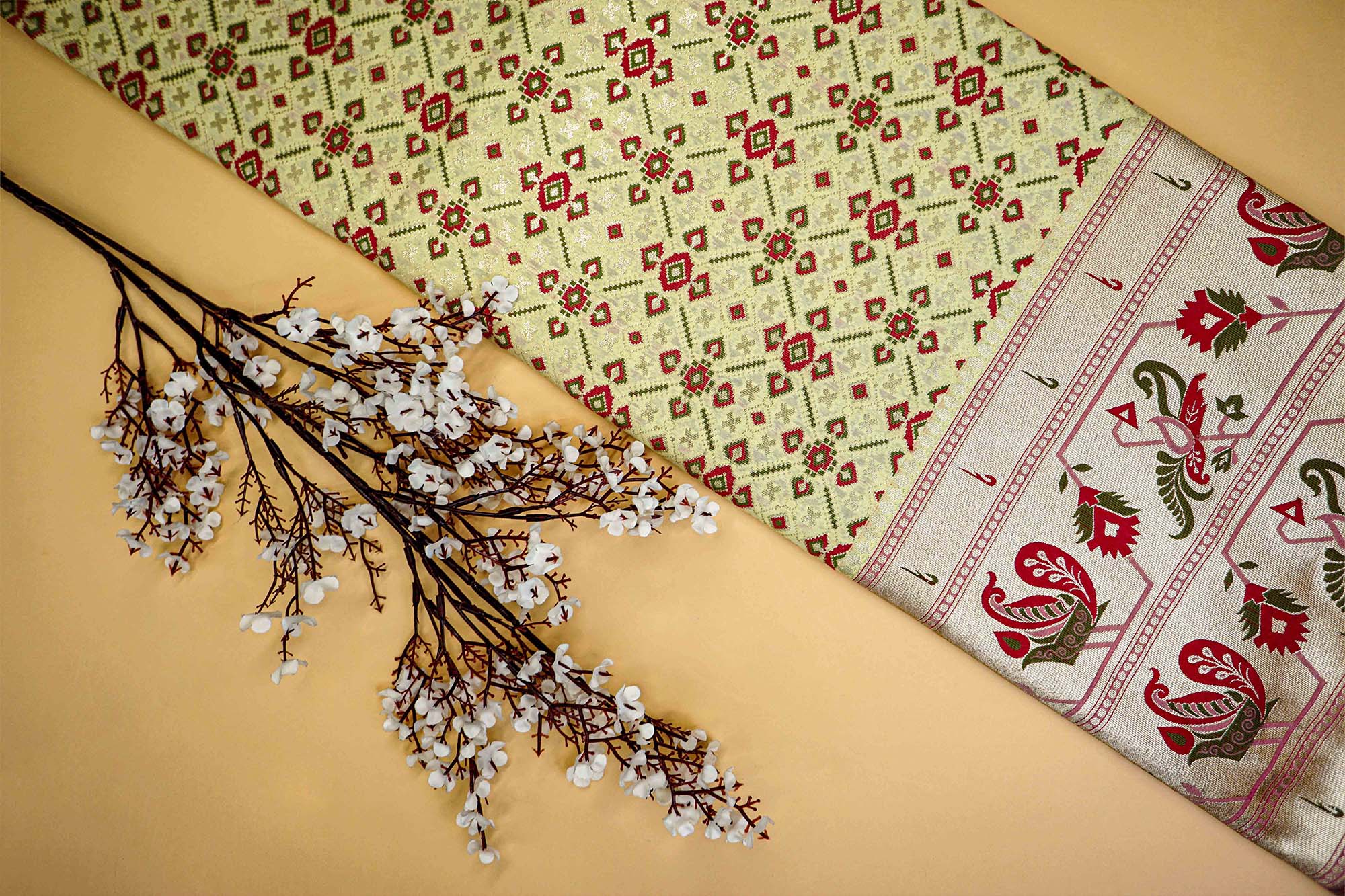 Light Green Banarasi Brocade with Beautiful Traditional Print and Border -Paras Gallery Fabrics
