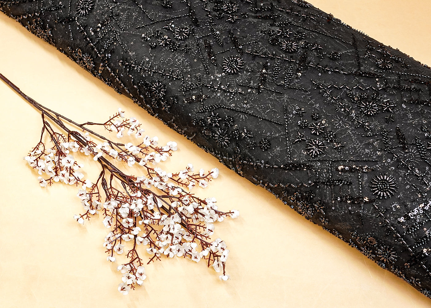 Black Imported Net Fabric with All Over Katdana, Bead, and Sequins Work 10163