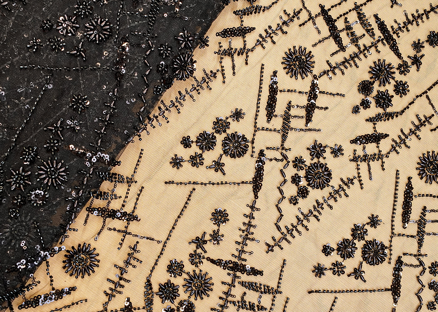 Black Imported Net Fabric with All Over Katdana, Bead, and Sequins Work 10163