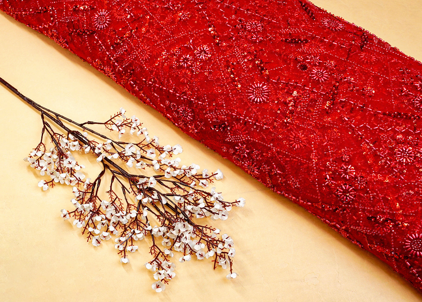 Red Net Fabric with All Over Katdana, Bead, and Sequins Work 10164