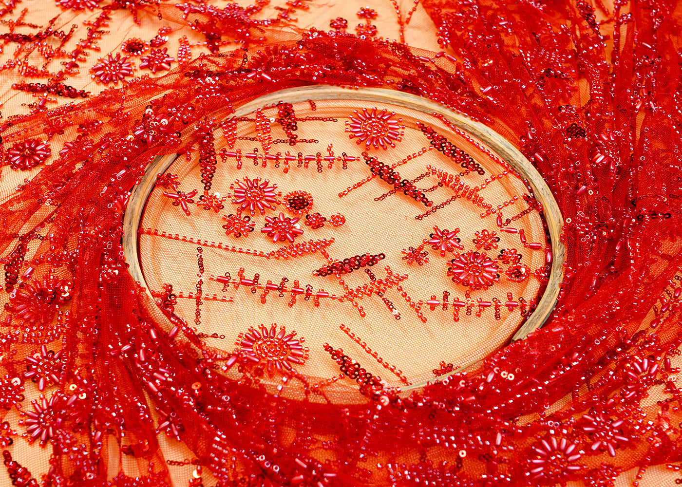 Red Net Fabric with All Over Katdana, Bead, and Sequins Work 10164