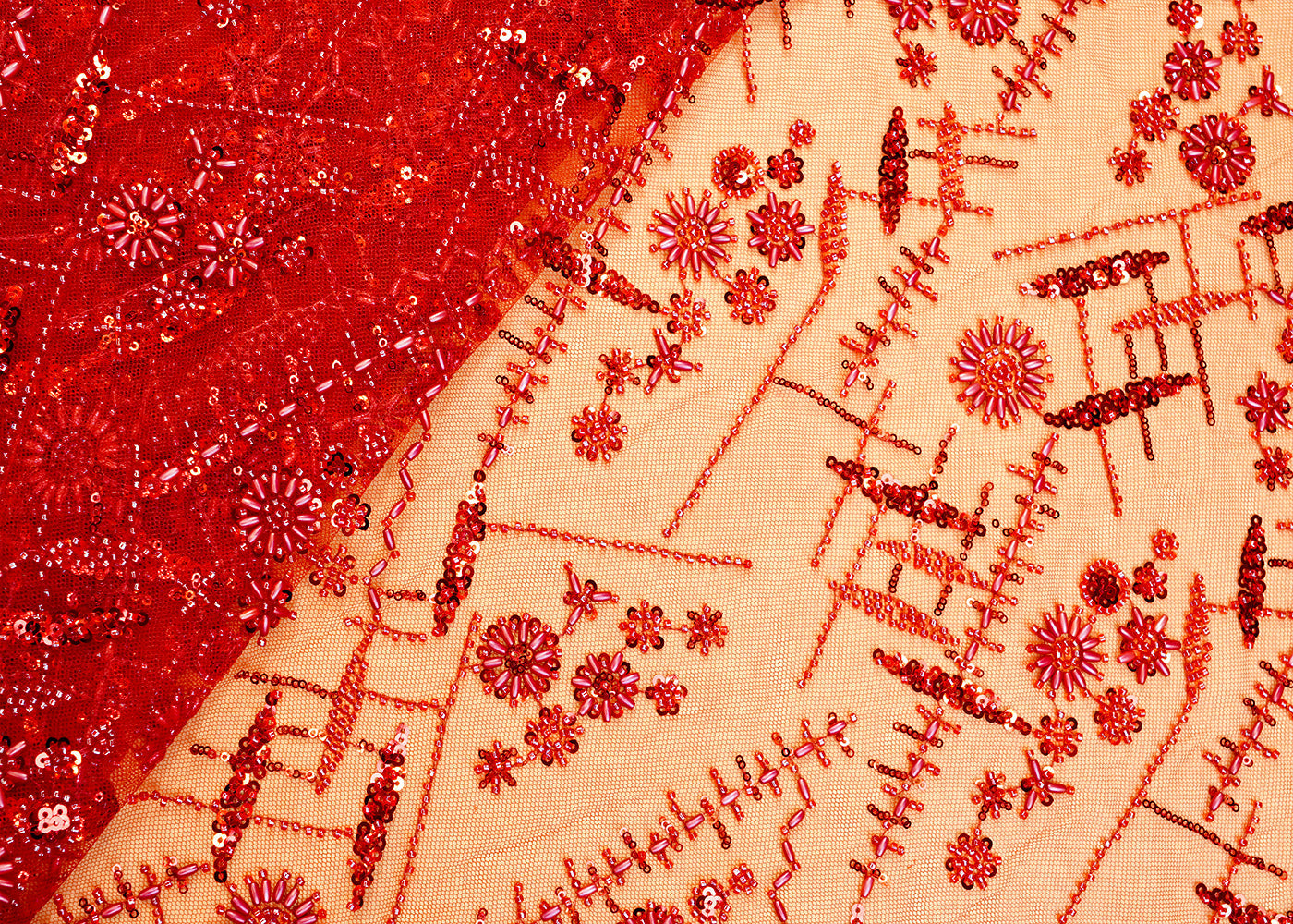Red Net Fabric with All Over Katdana, Bead, and Sequins Work 10164