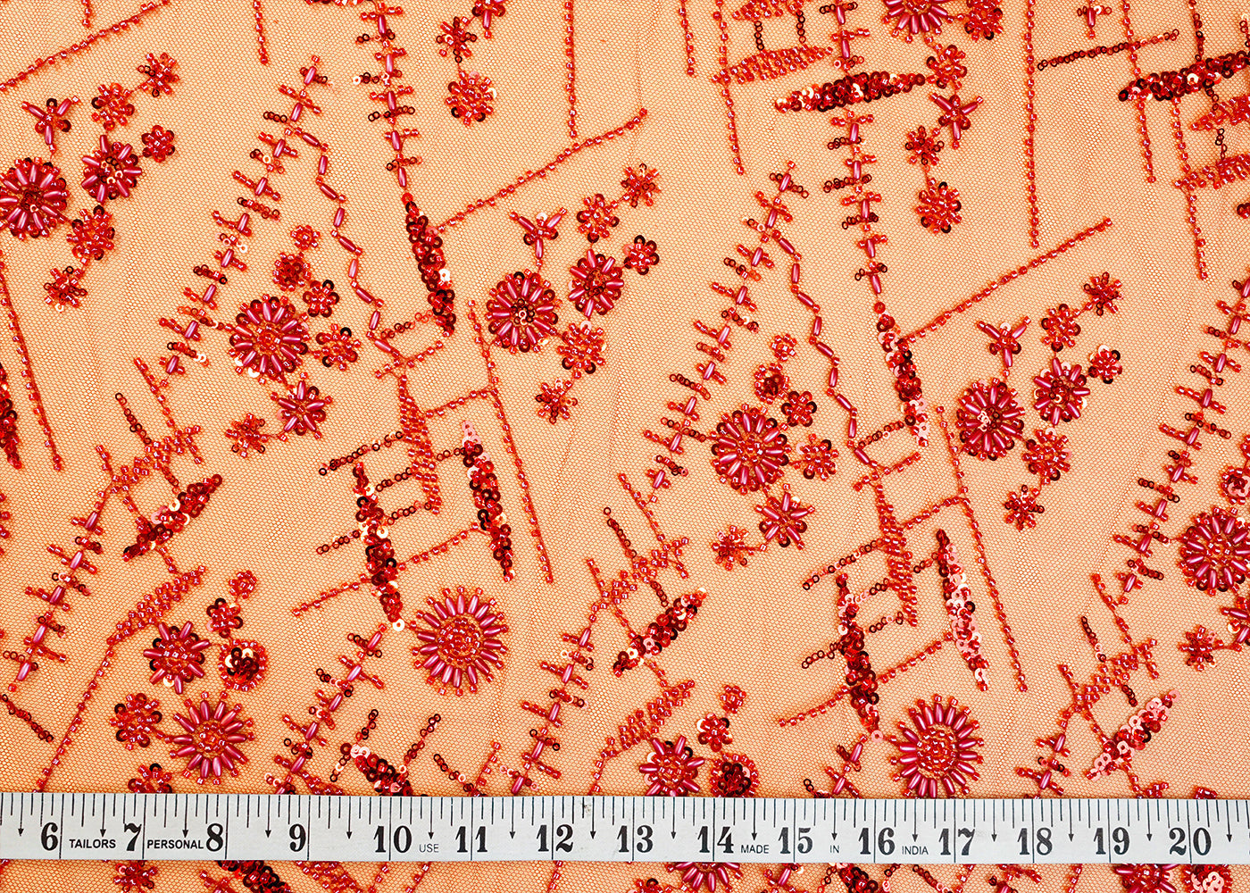 Red Net Fabric with All Over Katdana, Bead, and Sequins Work 10164