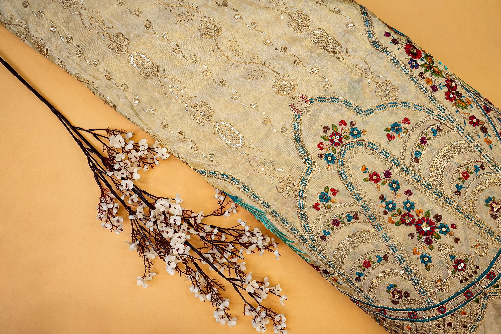Golden Tissue with Zari, Sequins, and Multicolor Threadwork