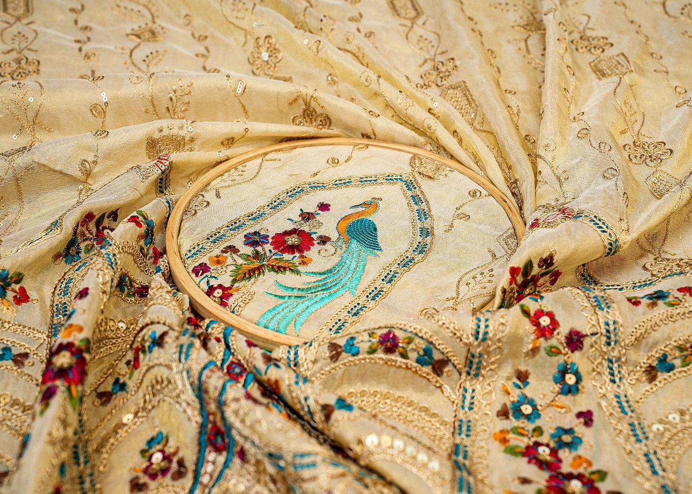 The Noor - Golden Tissue with ExcusiteZari, Sequins, and Multicolor Threadwork | 10278