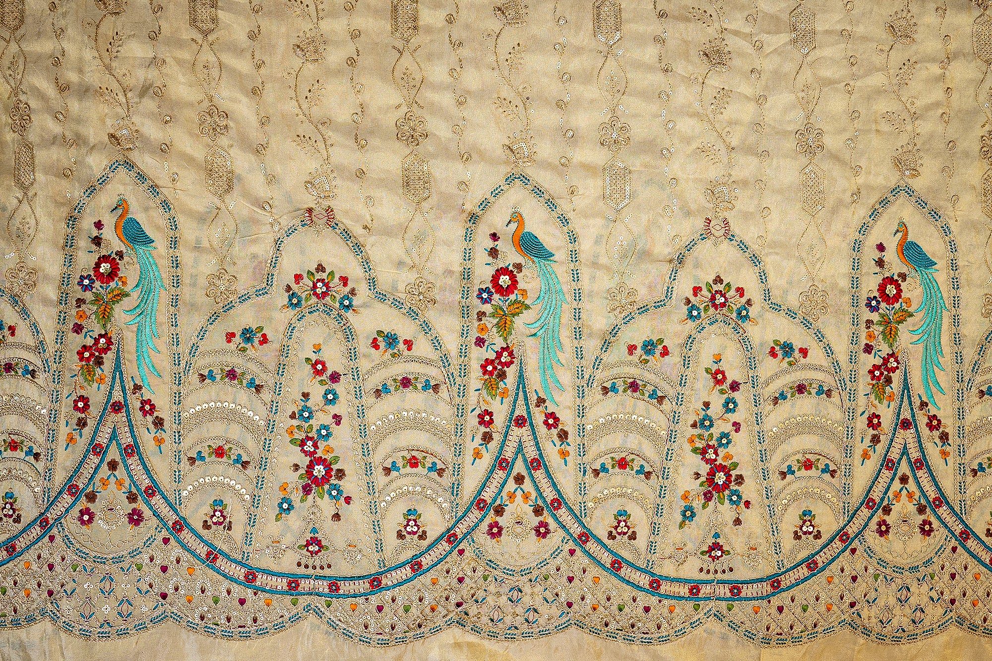 Golden Tissue with Zari, Sequins, and Multicolor Threadwork