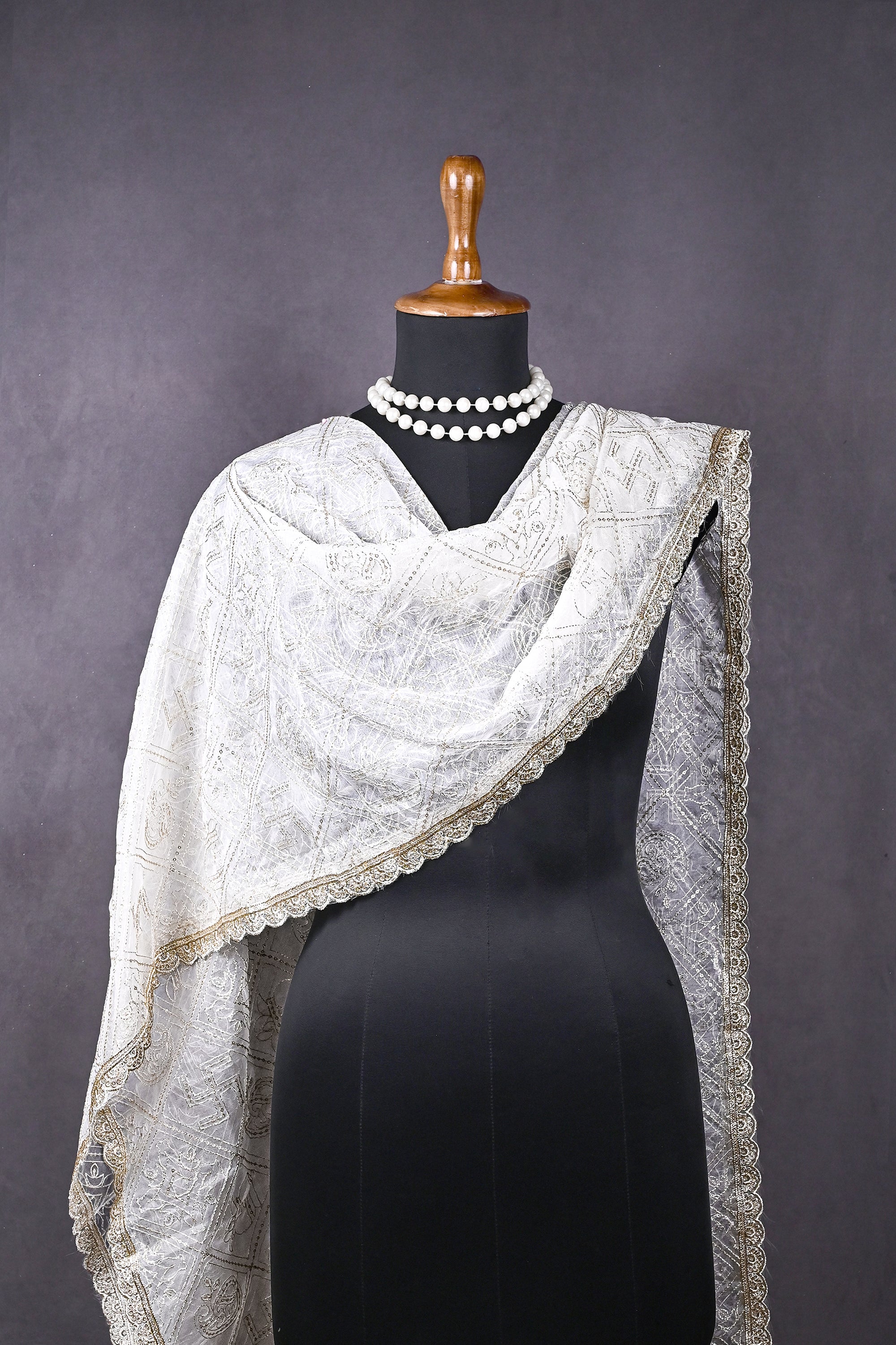 White Dyeable Organza Dupatta All Over Zari And Sequins Work 10321