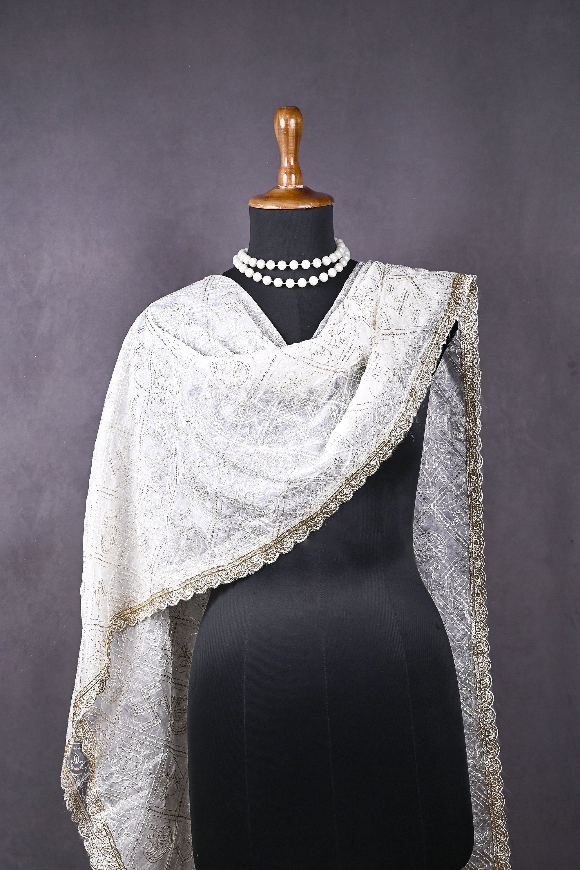 White Dyeable Organza Dupatta All Over Zari And Sequins Work 10321