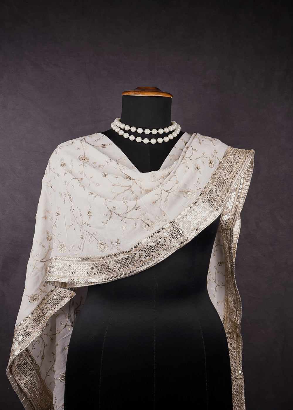 White Dyeable Georgette Dupatta With All Over Zari And Sequins Work 10326