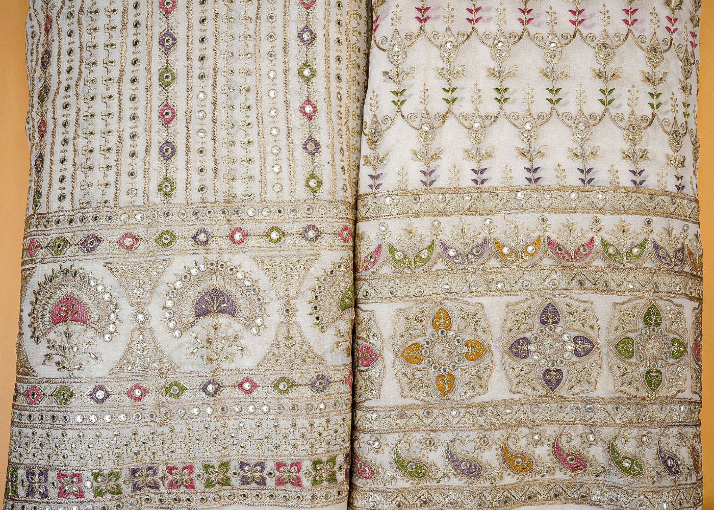 The Noor - White Georgette White with Multicolor Threads and Faux Mirror Embellishments | 10355