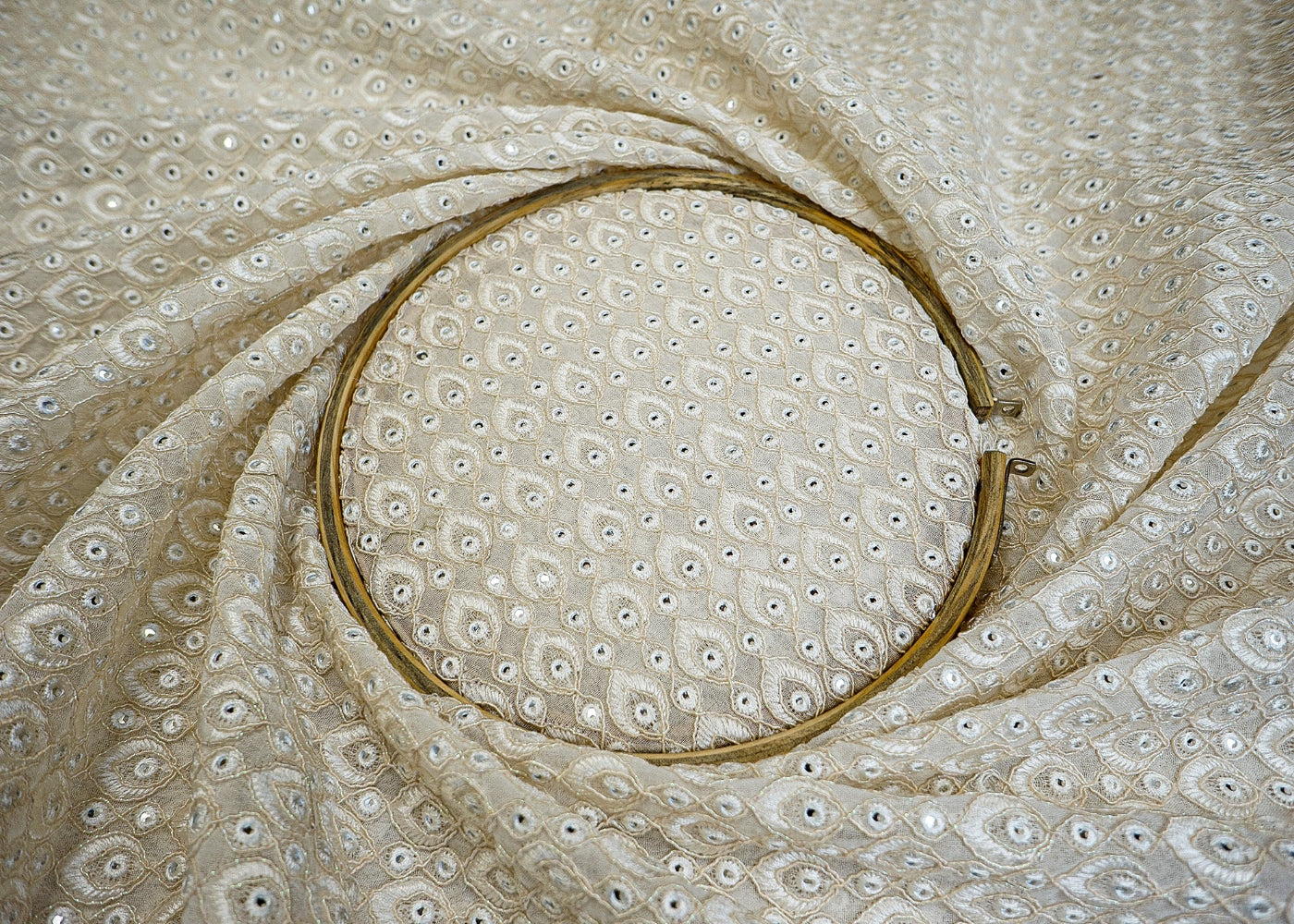 Dyeable Georgette White with Thread work and Faux Mirror Embellishments