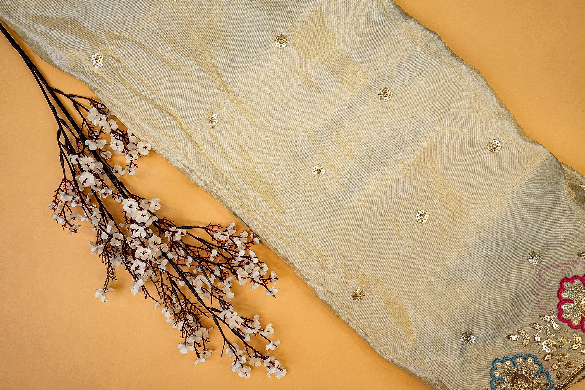 Golden Tissue with Zari, Sequins, and Multicolor Threadwork