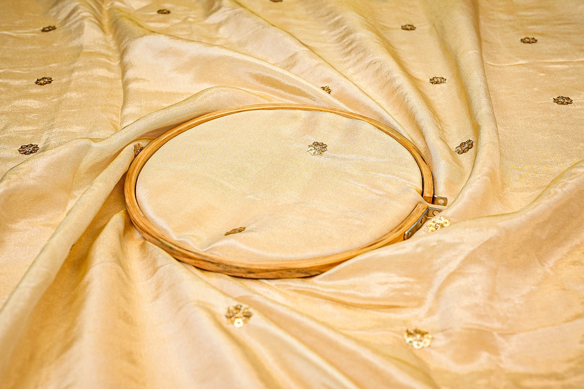 Golden Tissue with Zari, Sequins, and Multicolor Threadwork