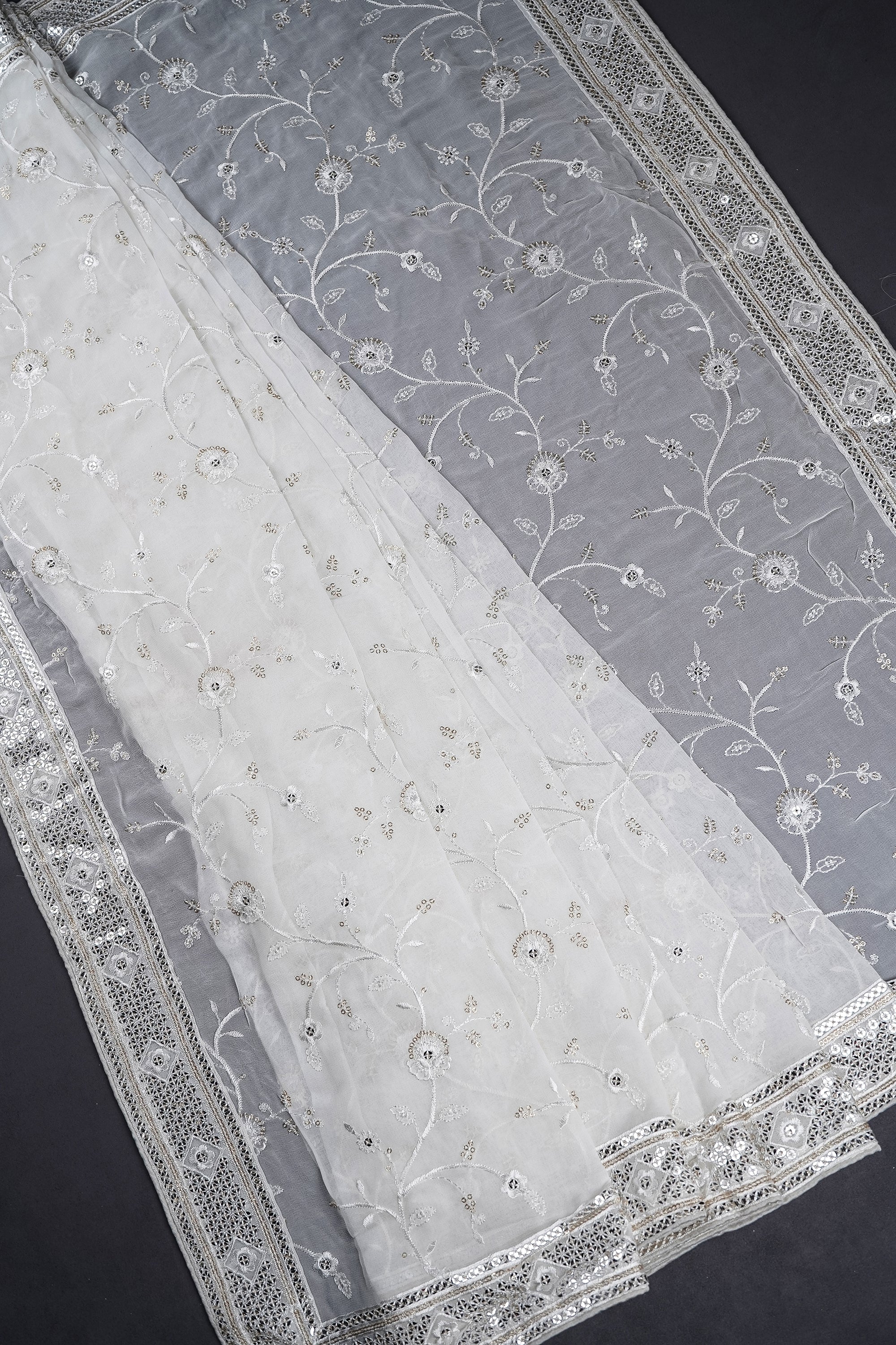White Dyeable Georgette Dupatta With All Over Thread And Sequins Work 10466