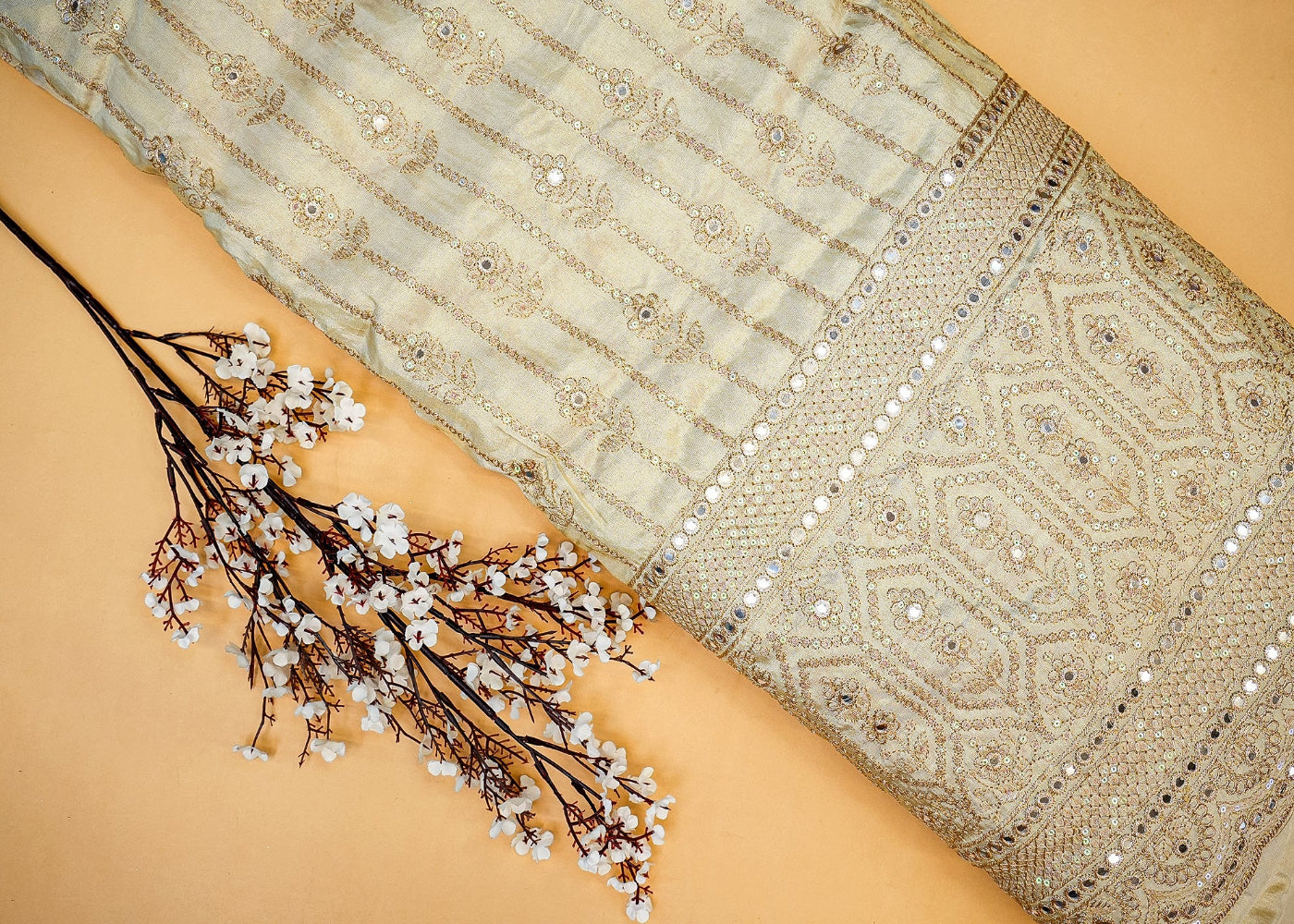 Golden Tissue with Rainbow Sequins, Faux Mirror, and Zari Sparkle