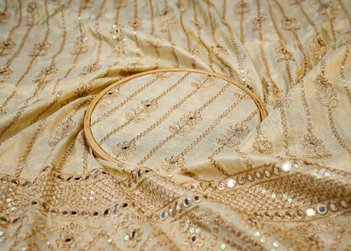 Golden Tissue with Rainbow Sequins, Faux Mirror, and Zari Sparkle