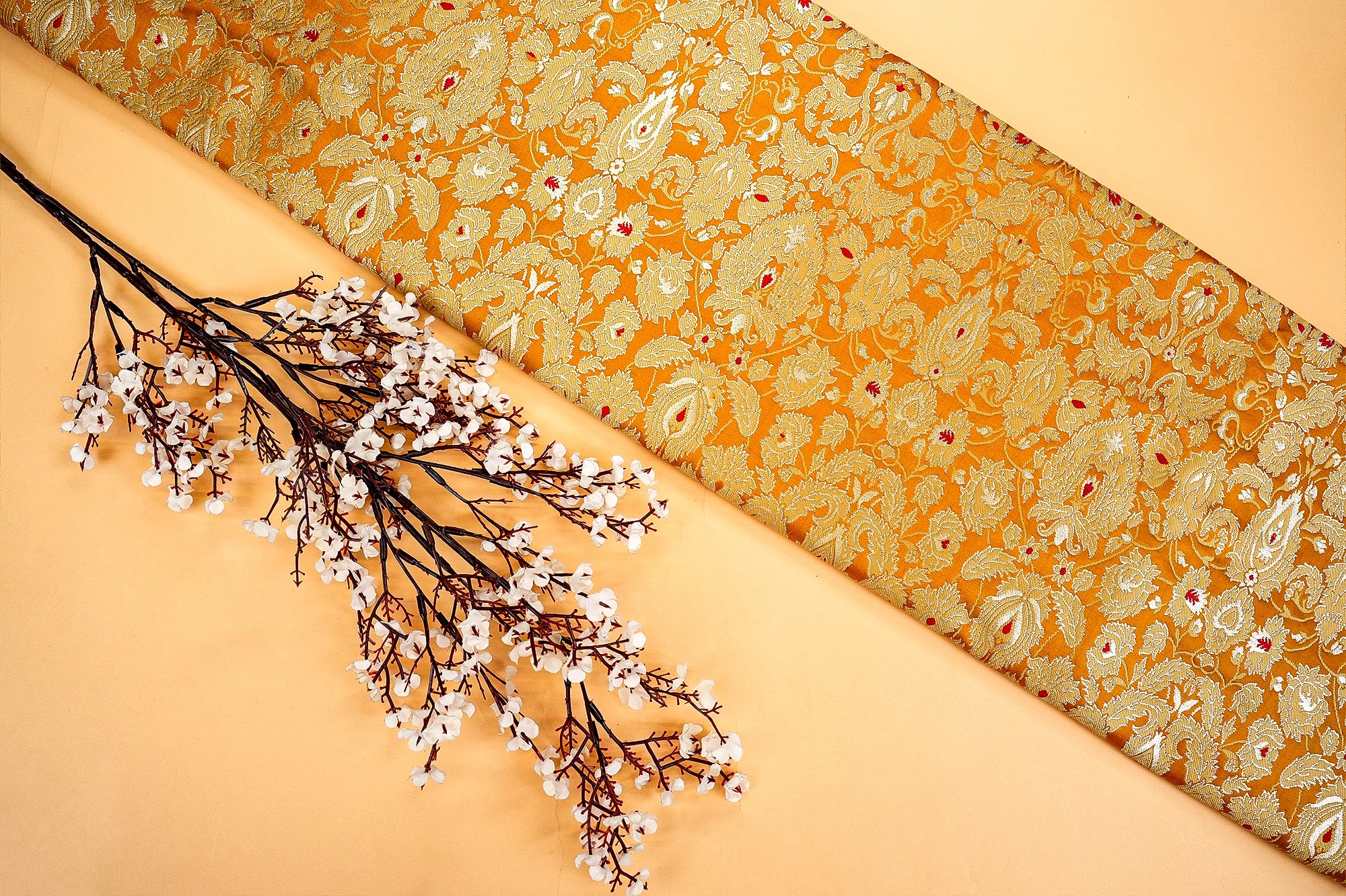 Mustard Banarasi Brocade with Beautiful Traditional Print-Paras Gallery Fabric