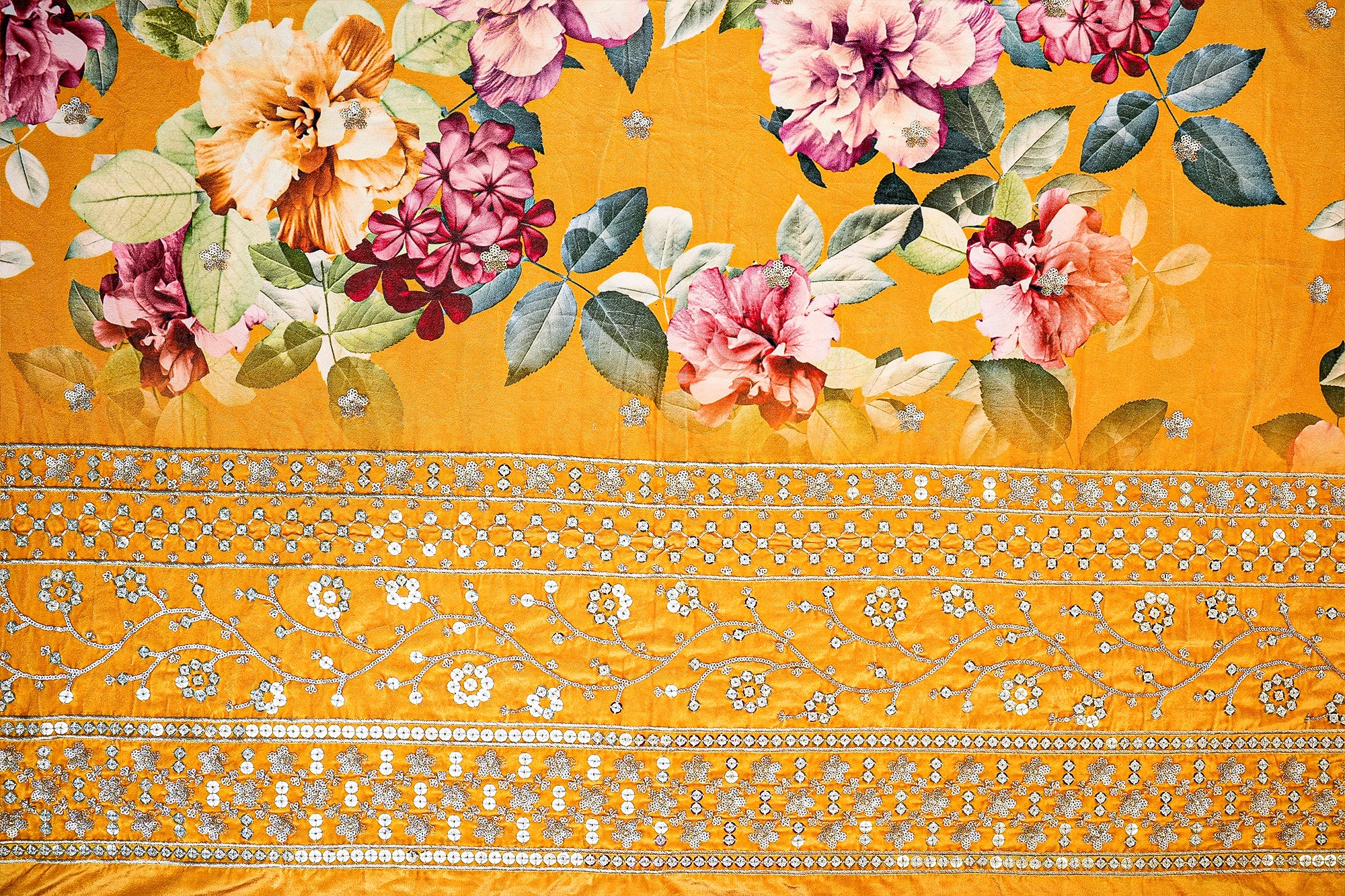 Yellow Velvet with Zari, Sequins, and Elegant Border Detailing