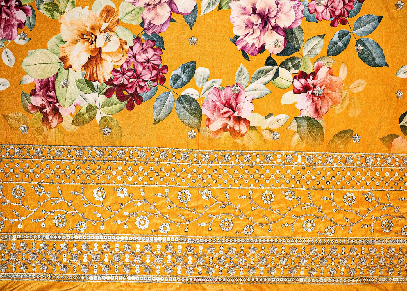 Mustard Velvet with Zari, Sequins, and Elegant Border Detailing