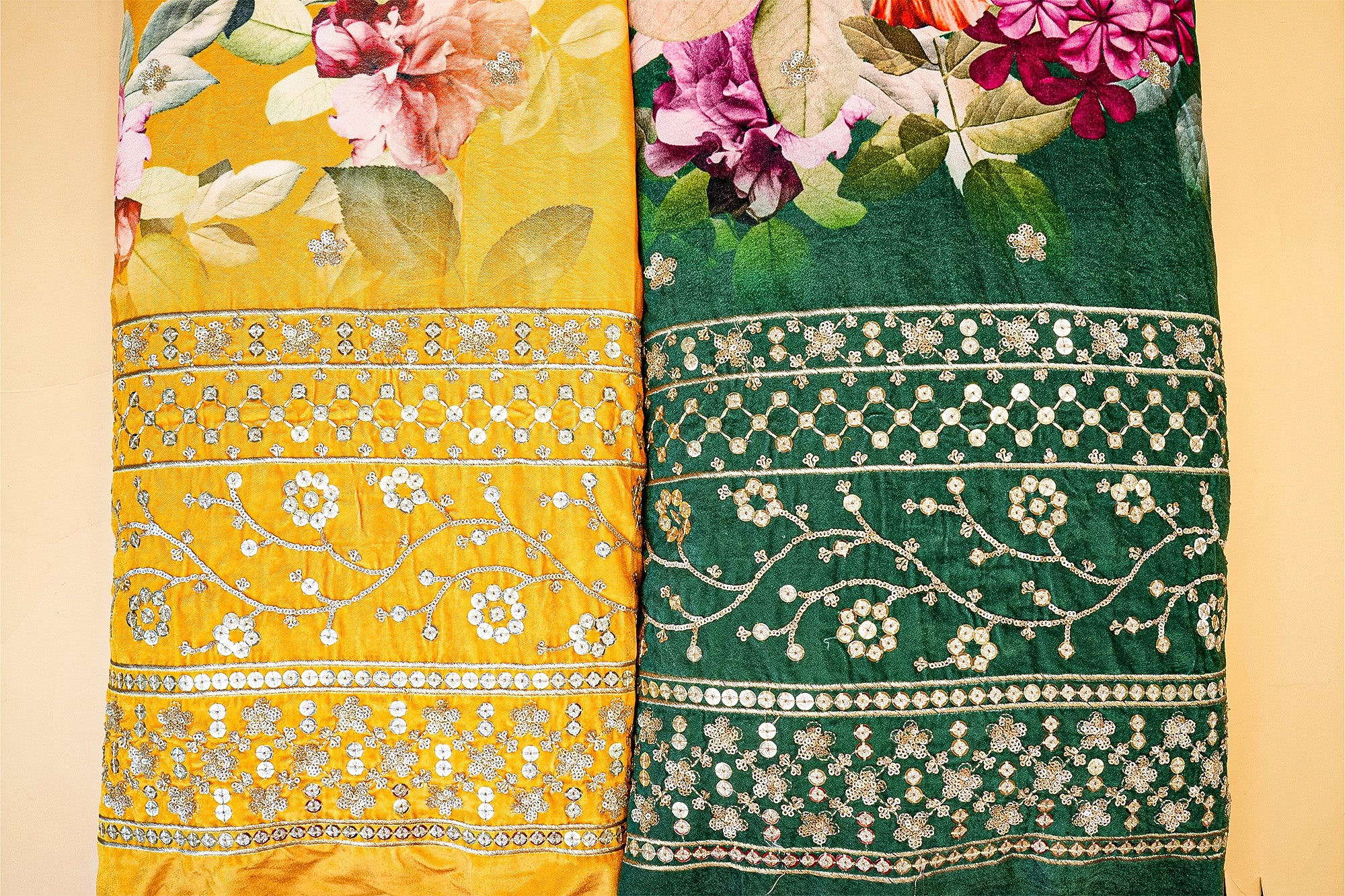 Mustard Velvet with Zari, Sequins, and Elegant Border Detailing