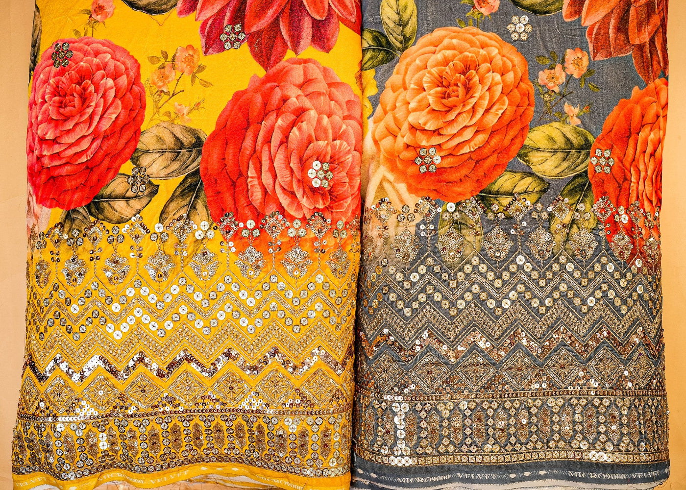 Yellow & Grey Velvet Kurta Combo with Zari Sequins Border & Plain Velvet Elegance