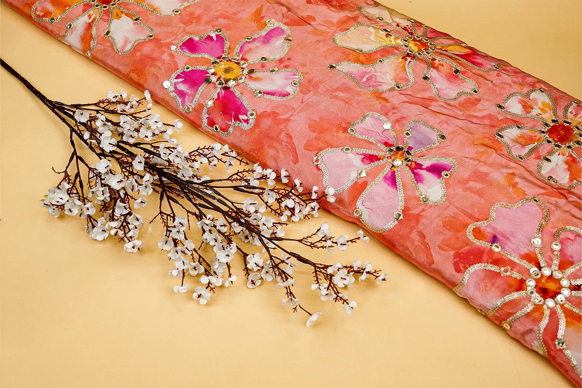 Peach Floral Crepe with Zari, Faux Mirror, and Sequins Elegance - Paras Gallery Fabrics