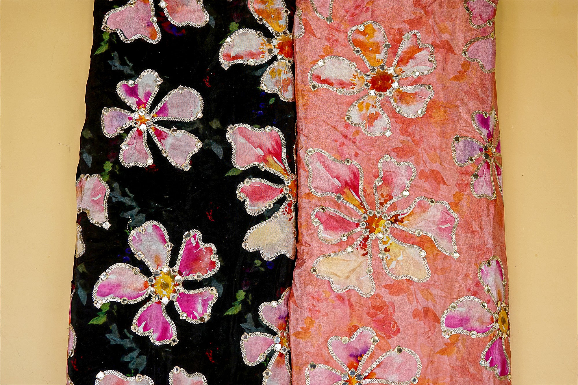 Luxurious peach floral crepe fabric with zari, faux mirror work, and sequins for sophisticated style - Paras Gallery Fabrics